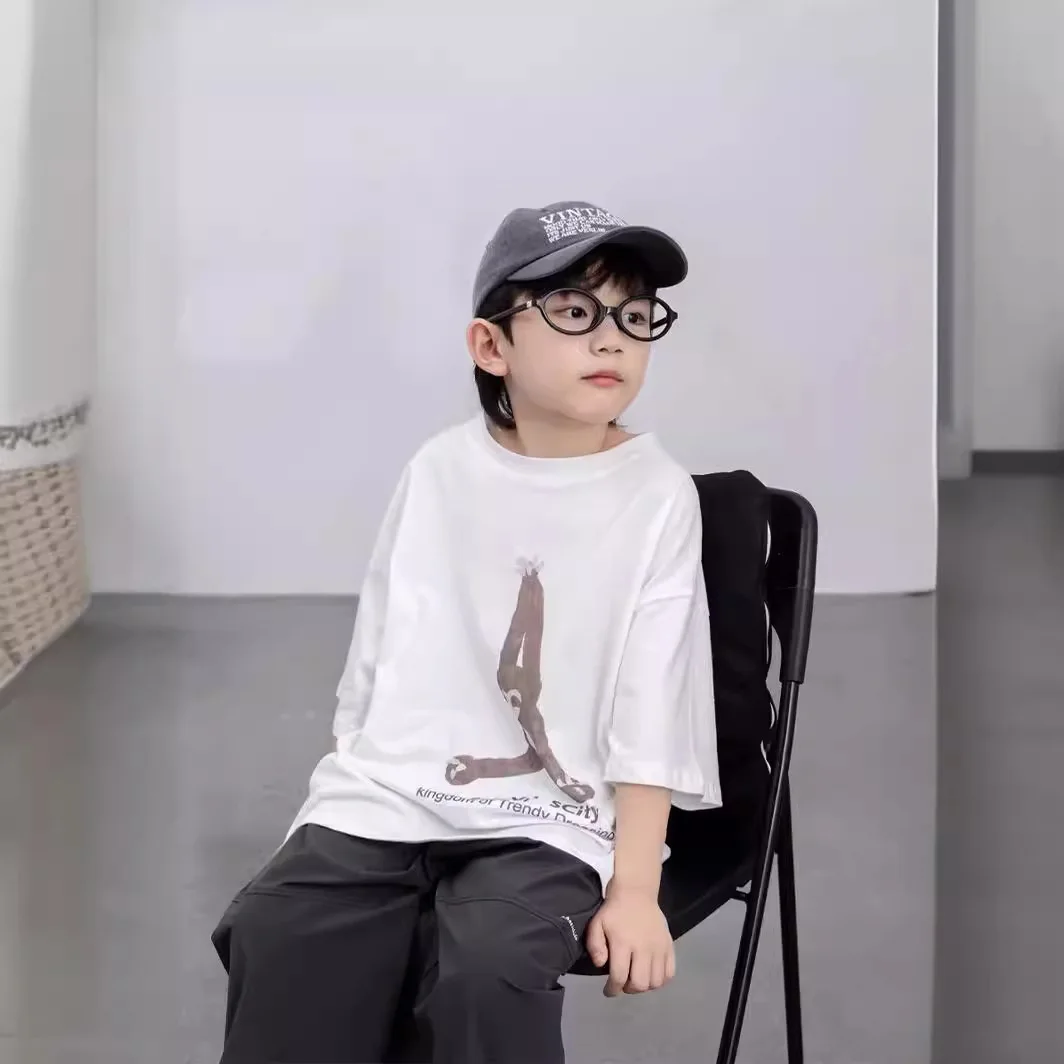 

Children Fashion Casual Printed Short Sleeve Soft and Comfortable T Shirt 2024 New Handsome Loose Boy Round Neck All-match Shirt