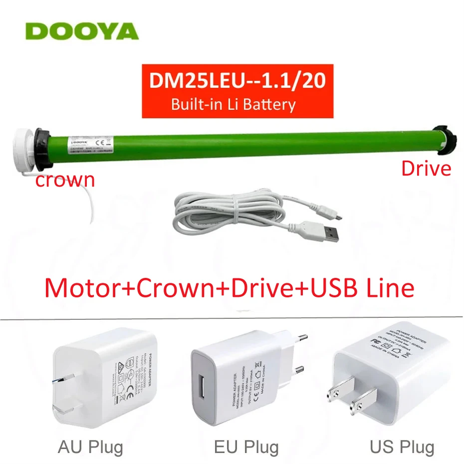 DOOYA DM25LEU Tubular Motor with built-in li battery for Rolling Blinds,RF433 emitter control,for 38mm tube,EU/US/AU Plug Option