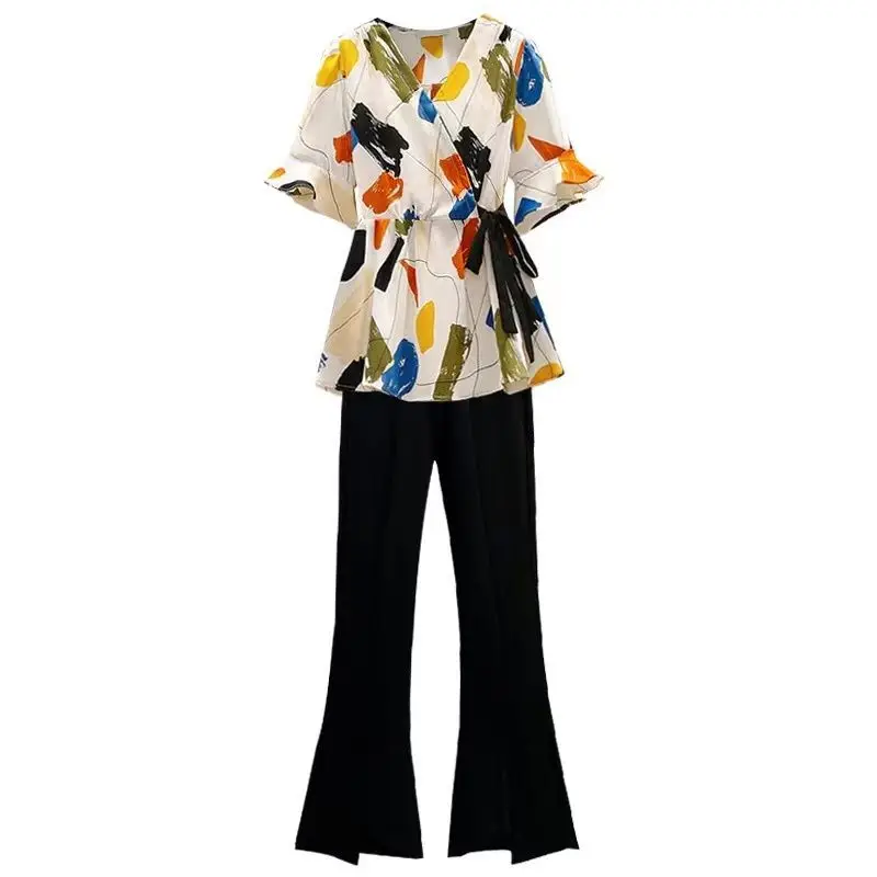 2024 Oversized Women's Clothing Set, Women's Summer Westernization, Flesh Shielding, Slimming Shirt Cropped Pants, Two-piece Set