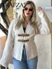 TRAFZA Retro Leather Buckle Woolen Coat Women Fashion Solid V Neck Long Sleeve Beige Jacket Autumn Spring Chic Female Streetwear 4