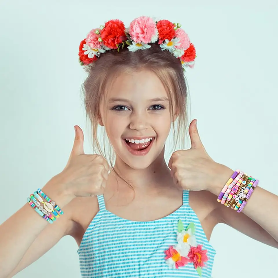 Heishi - Set Di 7 Braccialetti Elastici Impilabili Con Perline In Argilla E Occhio Malocchio - Stile Boho Surfista Y2K Per Donne E Ragazze - Regolabili 16-18 Cm