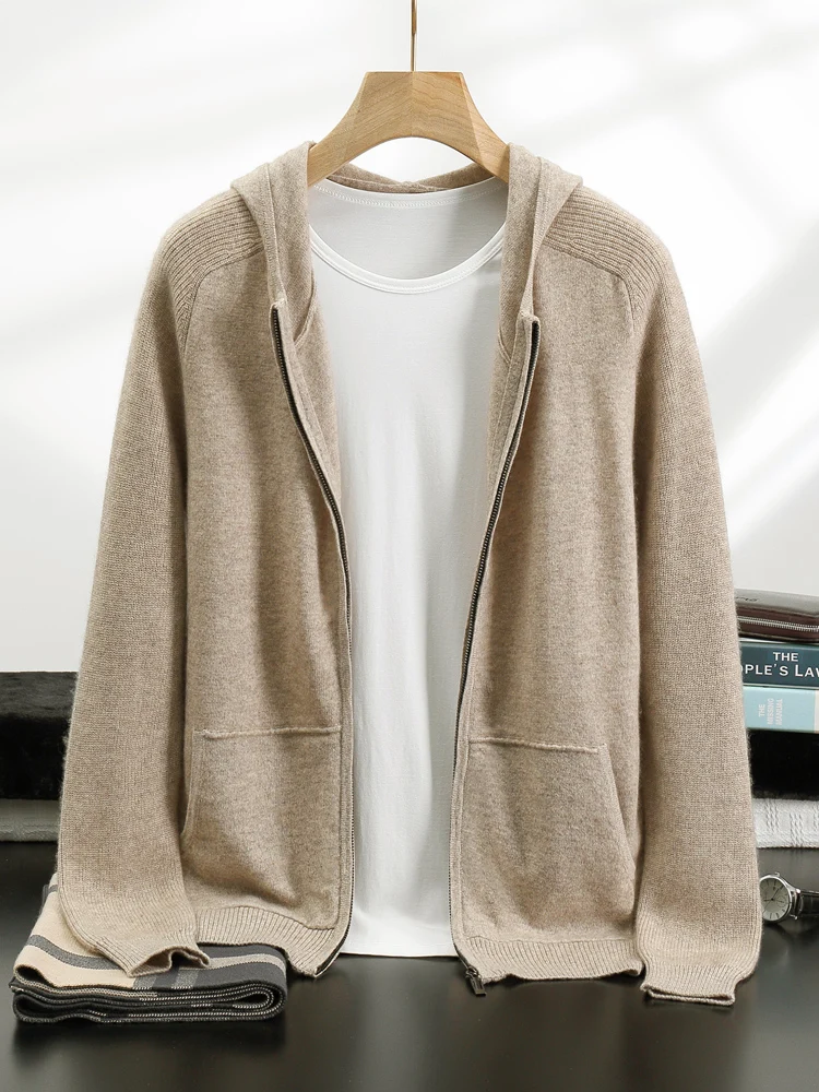 Yoyoselect Men 100% Cashmere Sweater Suit Zipper Hooded Cardigan Casual Pants Luxury Knitwear Autumn Winter Thick Warm Clothing 3