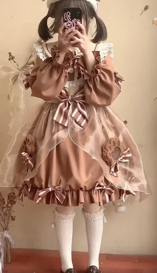 Brown Bear Long Sleeve Doll Collar Bud Dress for Women Spring Autumn Op Lolita Style Cute Bow Bell Sleeve Princess Dress
