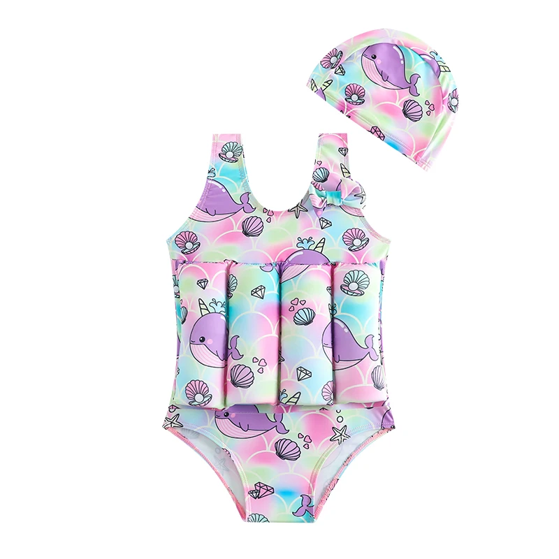Swimwear Baby Swimsuit Floating Suit Whale Print Girl One Pieces with Cap Removable Buoyancy Sticks For Girls Bathing Suit