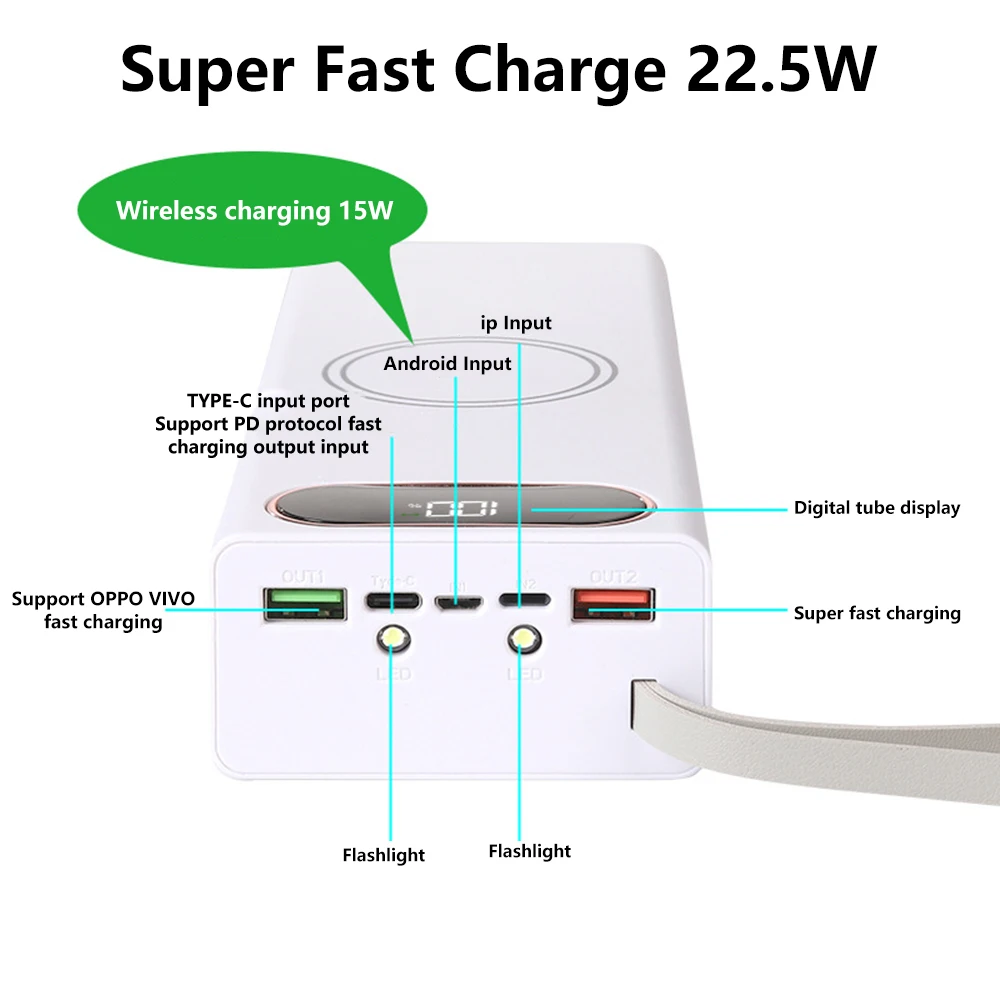 20 x 18650 Batteries Power Bank Case 22.5W + 15W Wireless Fast Charging Battery Storage Boxes No Welding DIY Detachable