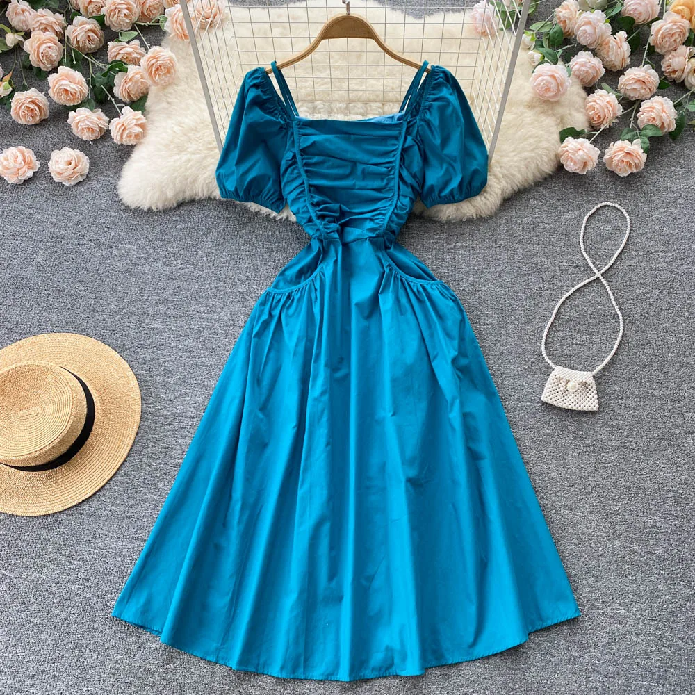 

French Style Temperament Women Dress Fashion Square Collar Puff Sleeve Folds Dresses Summer New Vintage HIgh Waist A-Line Frock