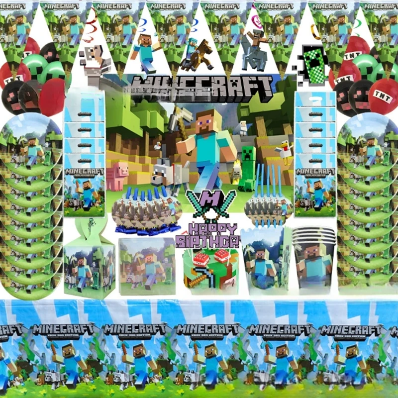Minecrafte Birthday Party Decorations Napkins Plates Tablecloth Cups My World Knives Forks Spoons Kids Tableware Supplies