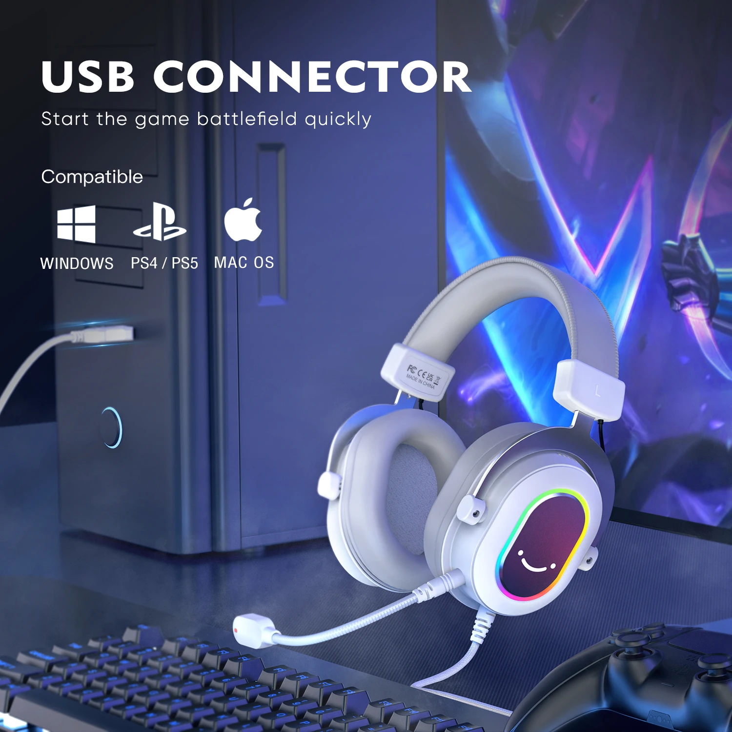 FIFINE RGB 게임용 헤드셋, 7.1 서라운드 사운드, 3-EQ/MIC, 오버 이어 헤드폰, PC PS4 PS5 Ampligame-H6W 인라인 제어