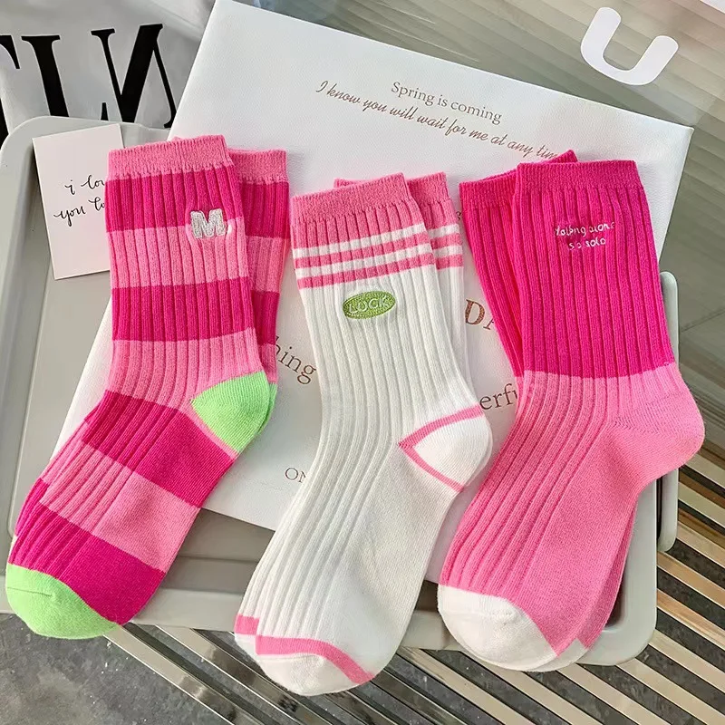 Womens Socks Cotton Women's Long Medium Tube Korean Breathable Leisure Girls Embroidery Spring Summer Stripe