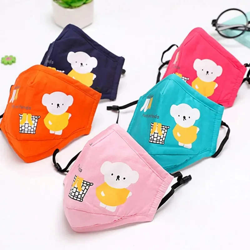 Children's Cartoon Bear Cotton Face Mask with PM2.5 Dust Protection and Reusable Activated Carbon Filter