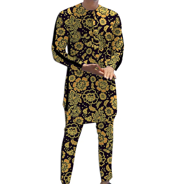 Abito da sposo con striscia nera Camicie + pantaloni con design patchwork Set di pantaloni da uomo stampati African Couture 6