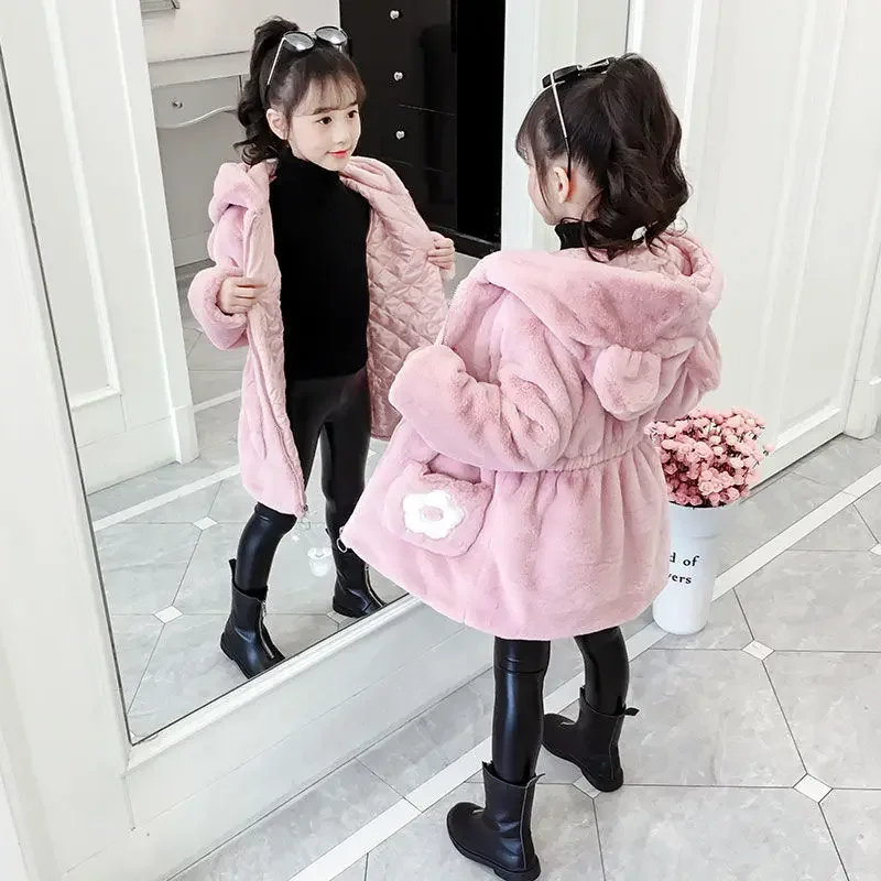 

2024 Winter Thicke Baby Girls Clothes Faux Fur Fleece Coat Warm Jacket Xmas Snowsuit 4-10Years Girls Hooded Jacket Outerwear