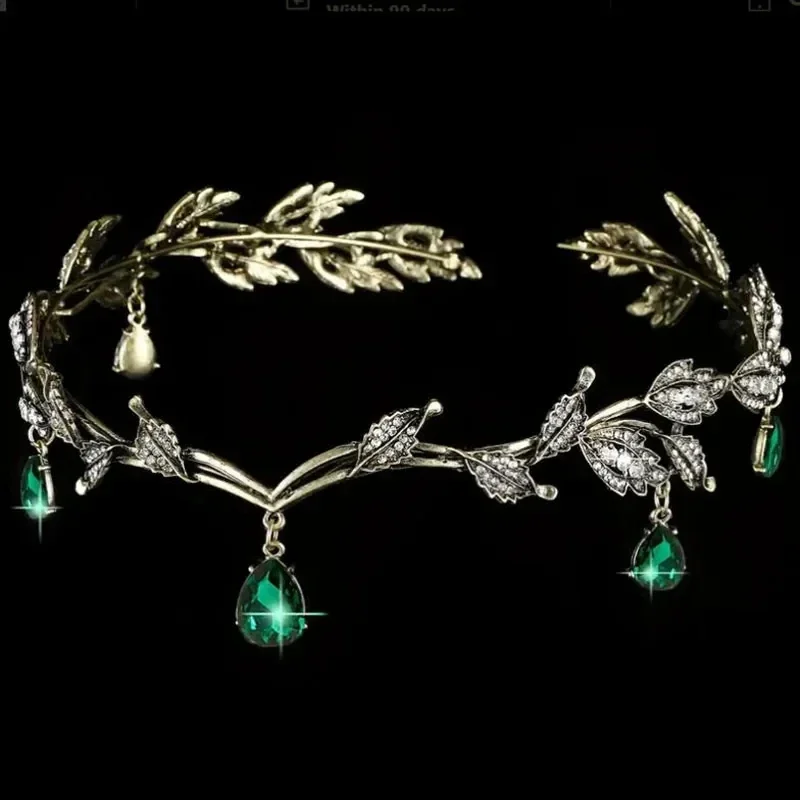 Vintage Bronze Emerald Green Fairy Crown Tiaras Crystal Leaves Elf Tiara Bandana Hair Accessories For Women Costume Hair Jewelry