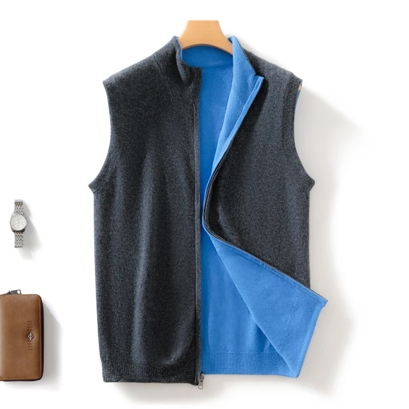 Men sweater vests mens knitted vest New men's wool vest solid color knitted sleeveless cardigan men's semi high neck sweater casual double-sided jacket vest