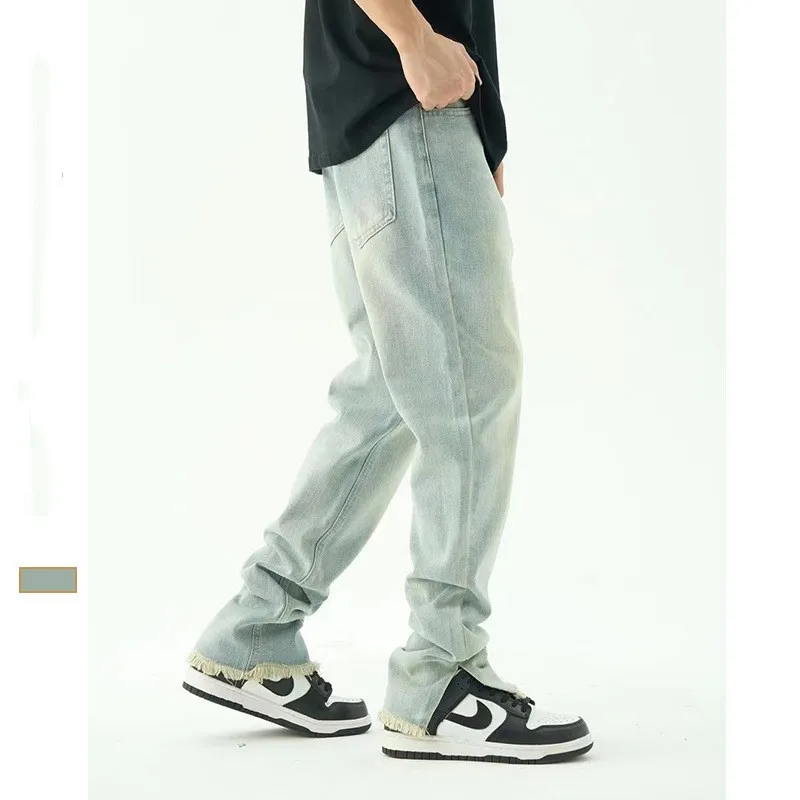 Jeans American Beard Side Foot Slit Jeans High Street Tide INS Retro Men's Straight Slim Casual Pants Spring And Summer Style