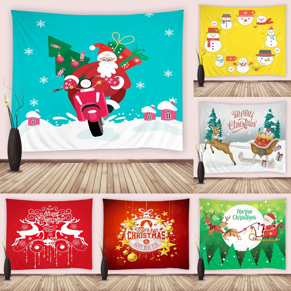

Santa Claus Rides Motorcycle Tapestry Christmas Wall Hanging Fabric Snowman Reindeer Xmas Tree Tapestries for Bedroom Decor Home