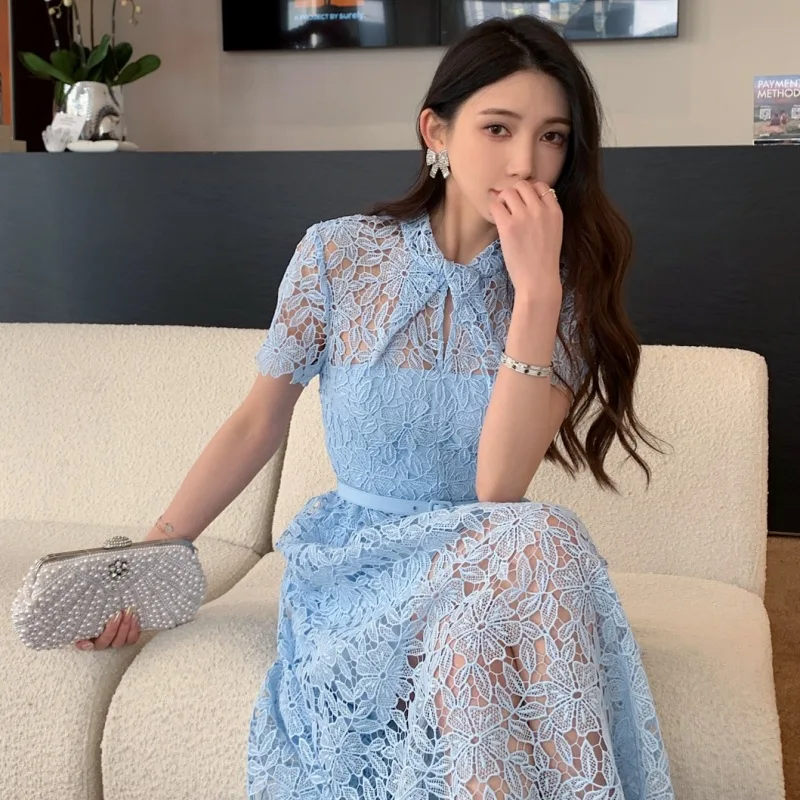 

High Quality Designer Women Lace Dress 2024 Summer Short Sleeve Hollow Out See Through Fit Flare Blue Sashes Long Party Dress