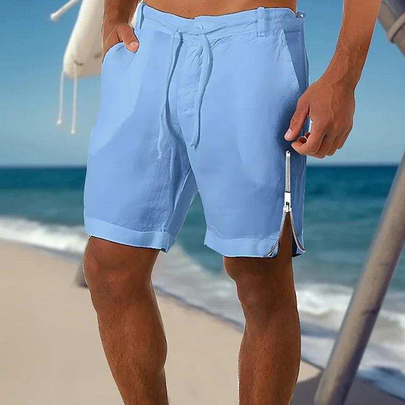 

Модные однотонные пляжные брюки на шнуровке 2024, винтажные хлопковые льняные дышащие брюки, Мужская одежда, летние спортивные брюки с боковой молнией, шорты