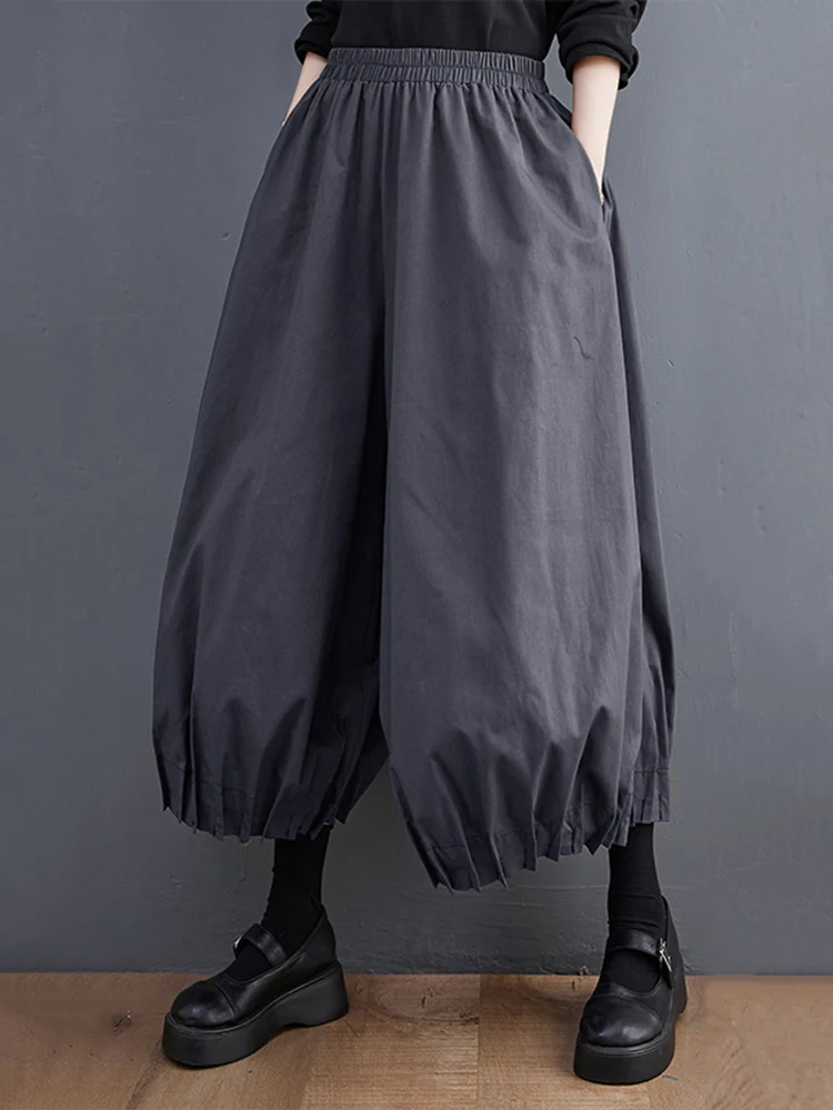 Black Vintage High Elastic Waist Pleated Wide Leg Pants Women New Casual Loose Trousers Fashion Streetwear Spring Autumn 2025