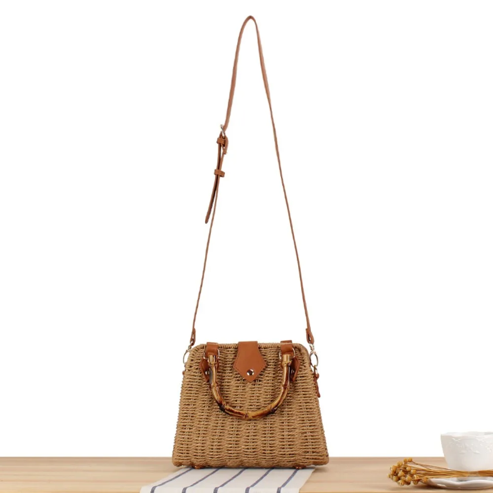Elegant Vintage Bamboo Handle Rattan Straw Woven Bag