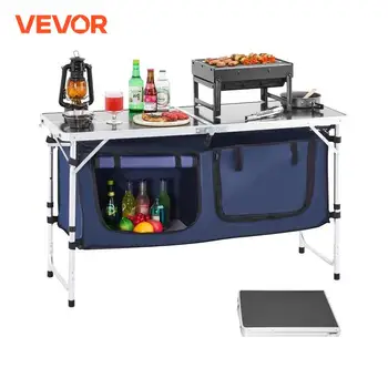 VEVOR Tavolo da Cucina da Campeggio Pieghevole per Esterni, 3 Altezze Regolabili, Stazione di Cottura Portatile Leggera in Alluminio con Organizzatore per Riporre Oggetti, Maniglia per Trasporto, Blu 1