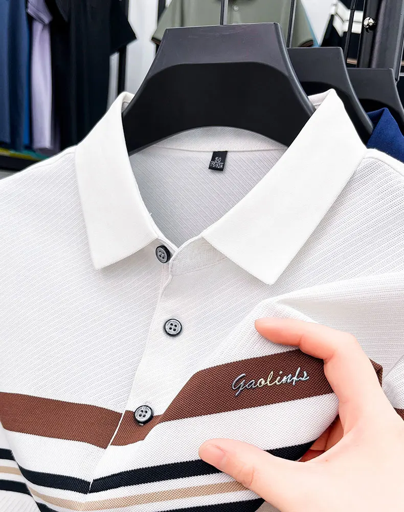 Light luxury brand striped decoration short sleeve polo shirt fashion embossed summer comfort breathable casual men's T-shirt 17 Sdaa49690e8f046cd904cc284d89f45552