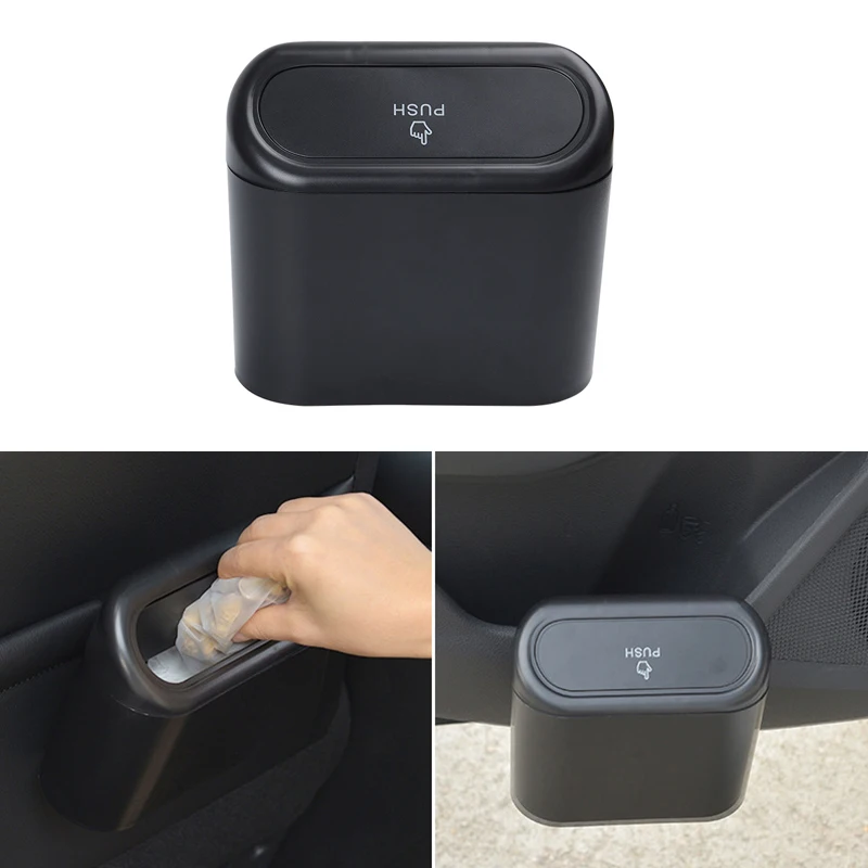 Car Trash Bin Hanging Vehicle Garbage Dust Case Storage Box Black ABS Square Pressing Type Trash Can Auto Interior Accessories