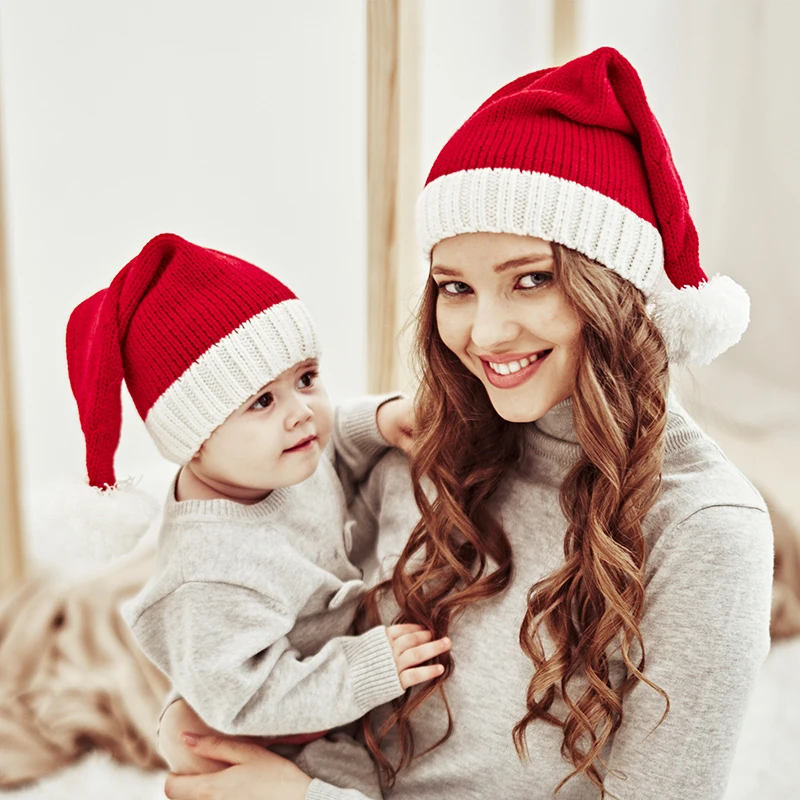 

Трикотажная Женская милая вязаная шапка с помпоном для взрослых и детей мягкая шапка с Санта-Клаусом Новогодний подарок для детей Рождественский Декор