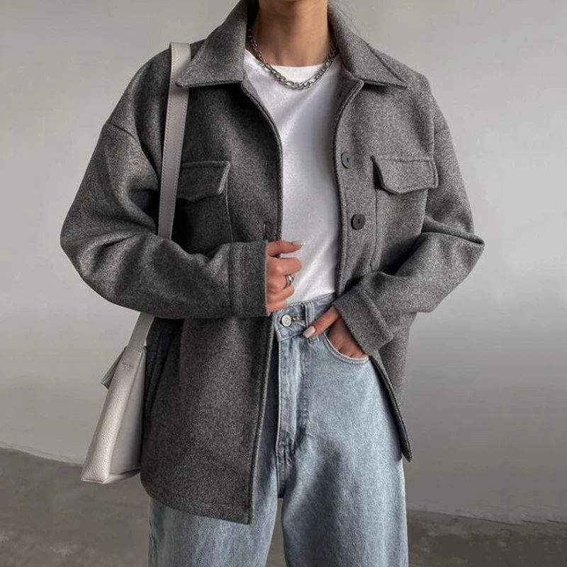 

Gray Shirt Jacket Women Harajuru Style Pockets Casual Coat Mujer 2023 Spring Single Breasted Warm Outwear