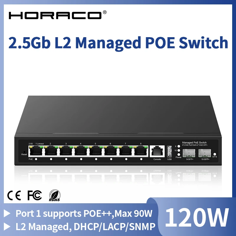 HORACO 2.5Gb L2 Managed PoE Switch 8 Port 2.5G Web Managed with 2