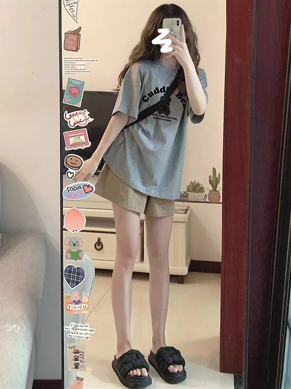 여름 임부복 세트 순면 스포티 캐주얼 투피스 큰 사이즈 슬리밍 반바지 임산부용..