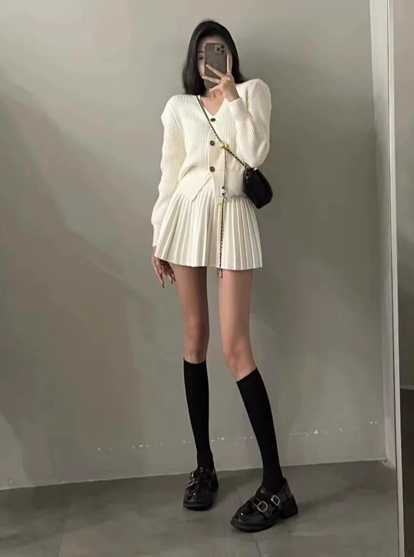 Casual Knitted 2 Piece Set Single Breasted V-neck Top + High Waist Mini Pleated Skirt Autumn Spring Korean Fashion Solid Outfits