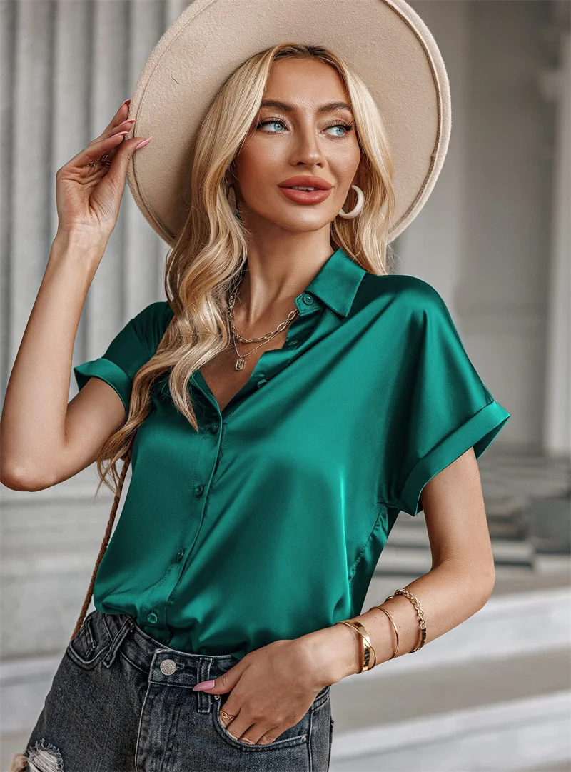 Women's Solid Color Satin Single-breasted Cardigan Shirt Summer Short Sleeve Lapel Neck Blouse Female Loose Trend Street Tops 23