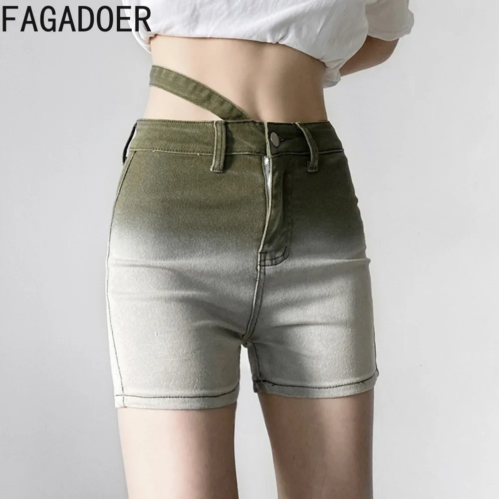 FAGADOER Fashion Gradient Print Denim Shorts Women High Waist Button Skinny Jean Spring New Female Solid Matching Cowboy Bottoms