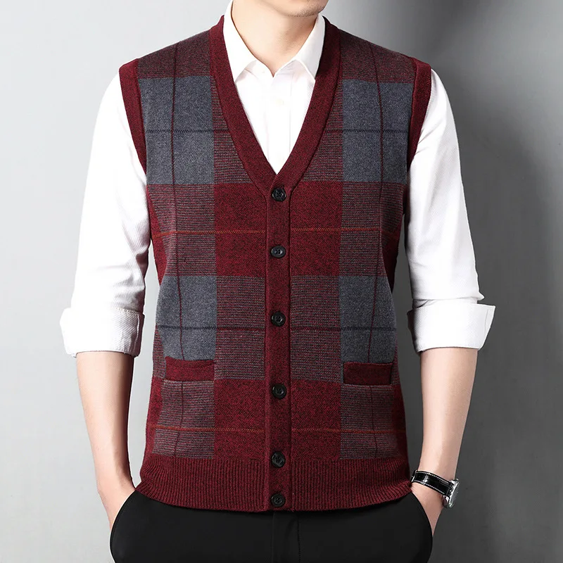 Men Spring Korean Fashion Knitted Cardigan Sleeveless Tank Panelled Print V-neck Button Pockets Casual Warm Vest Sweater Top