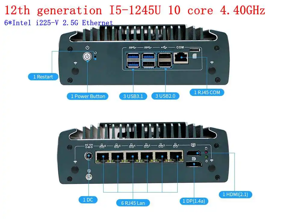 12Th I7-1265U 10 Core 4.80Ghz Multi Port Mini Computer Host Computer Industriale Integrato Con 6 Porte Di Rete Rj45 E 6 Usb