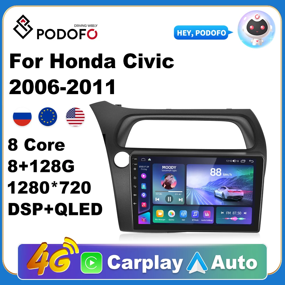 

Podofo автомобильный Android CarPlay Радио мультимедийный плеер для Honda Civic 2006-2011 2 Din Авторадио Видео AI Voice GPS Navi 4G WiFi