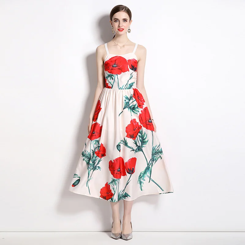 

Runway Summer Chiffon Dresses Women Spaghetti Strap Sexy Square Collar Sleeveless Holiday Beach Party Print Dress