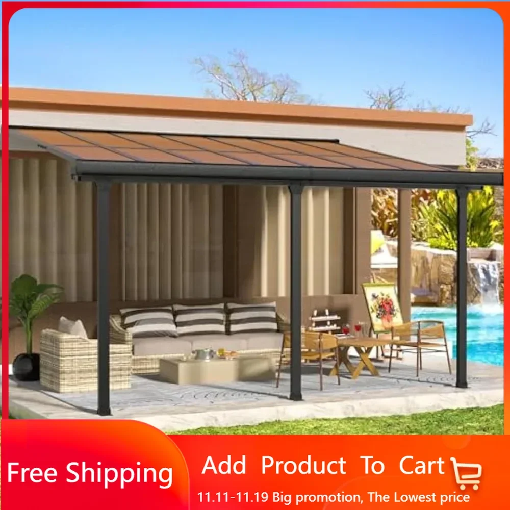 Adjustable Wall-Mounted Gazebo, PC Panel Roof Outdoor Pergola with Drainage Holes & Aluminum Frame, Outdoor Patio Lean