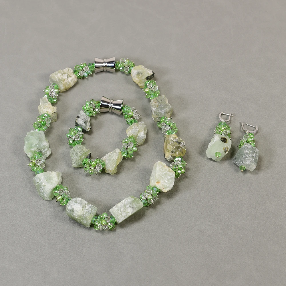 

GG Natural Green Prehnite Rough Gems Raw Cultured Keshi Pearl Crystal Necklace Bracelet Earrings Sets Handmade For Lady