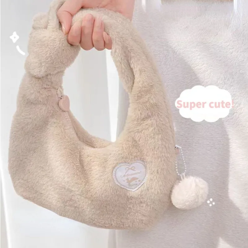 Xiuya Cute Plush Womens Handbag Cartoon Small Fluffy Kawaii Lolita Jk Casual Shoulder Bag New Fashion Exquisite Ladies Hobos Bag