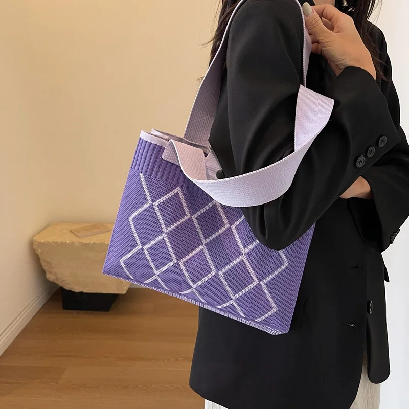 Candy Color Knitted Mobile Phone Bag Rhombic Design Woven Small Shopper Handbag Shoulder Crossbody Bag For Women
