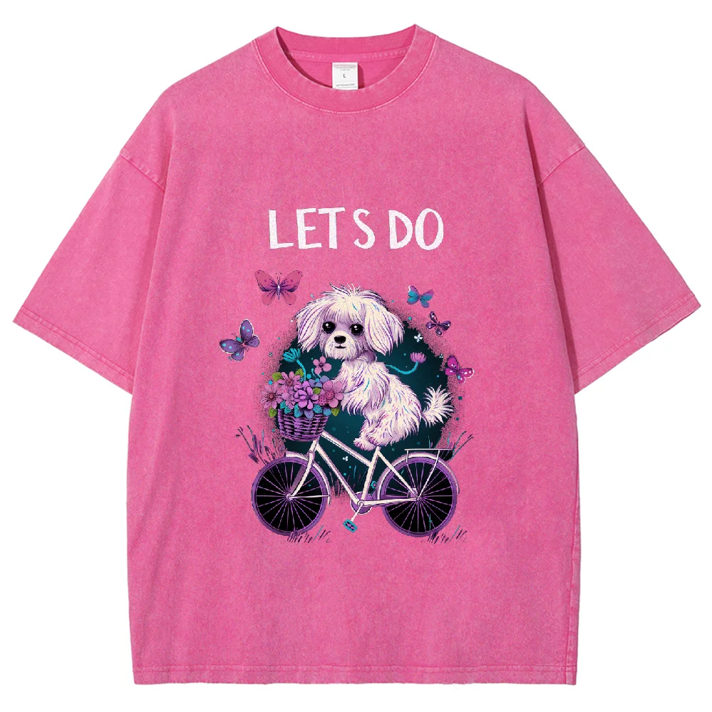 

Y2K Washed Cartoon Dog Oversized Tshirt, Cartoon Maltese Riding Lets Do Tshirt, Streetwear Vintage Washed Short Tshirt Plus Size