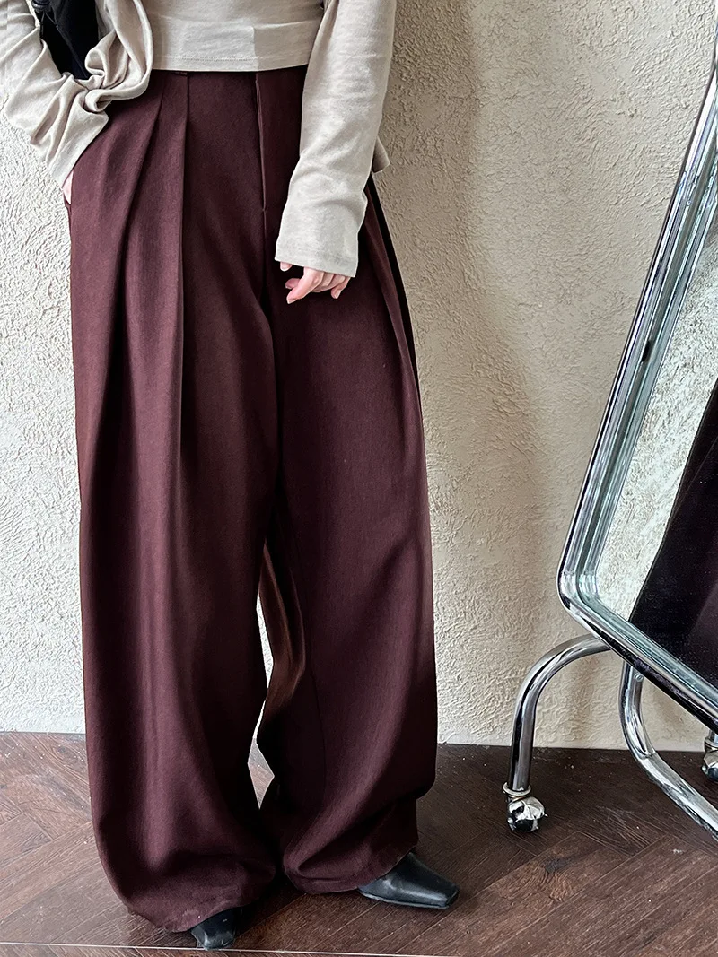 [LANMREM] Pleated High Waist  Wide Leg Pants For Women Solid Straight Office Lady Loose Trousers Female 2025 Autumn New 26C291