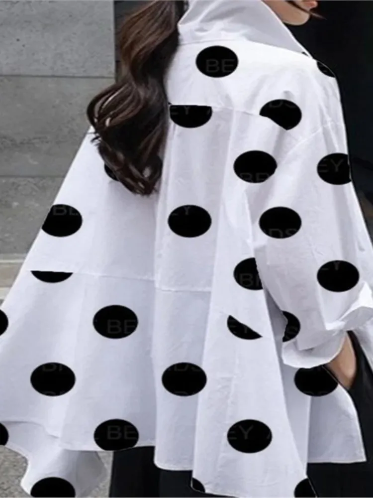 Summer Polka Dot Printed Loose Casual Blouse Top 2023 Women 's Fashion Single Breasted Long Sleeve Boho Lapel White Shirts