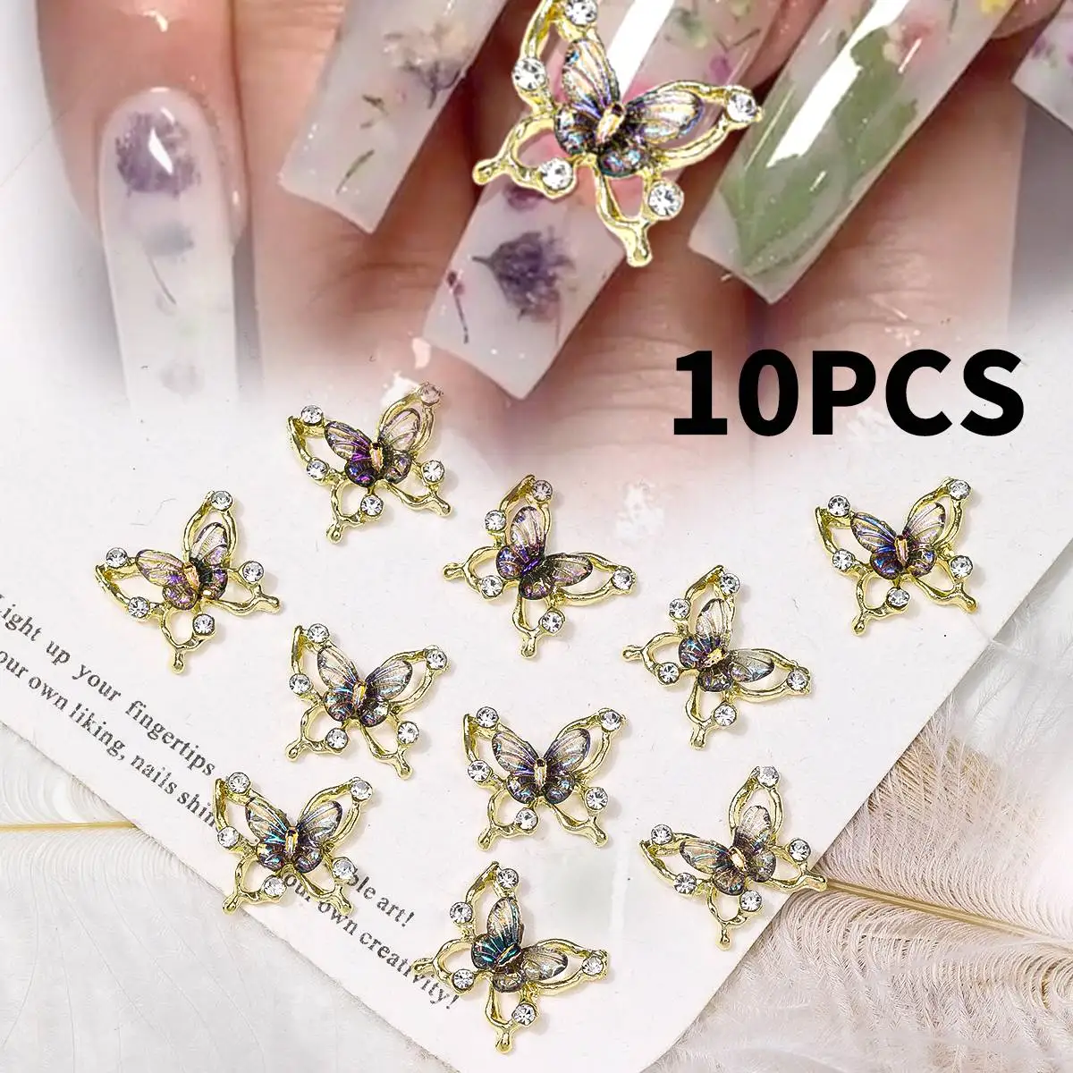 10PC 합금 나비 지르콘 네일 아트 라인스톤 3D 골드 실버 샤이니 다이아몬드 네일 아트 젬스 버터플라이 크리스탈 매니큐어 액세서리