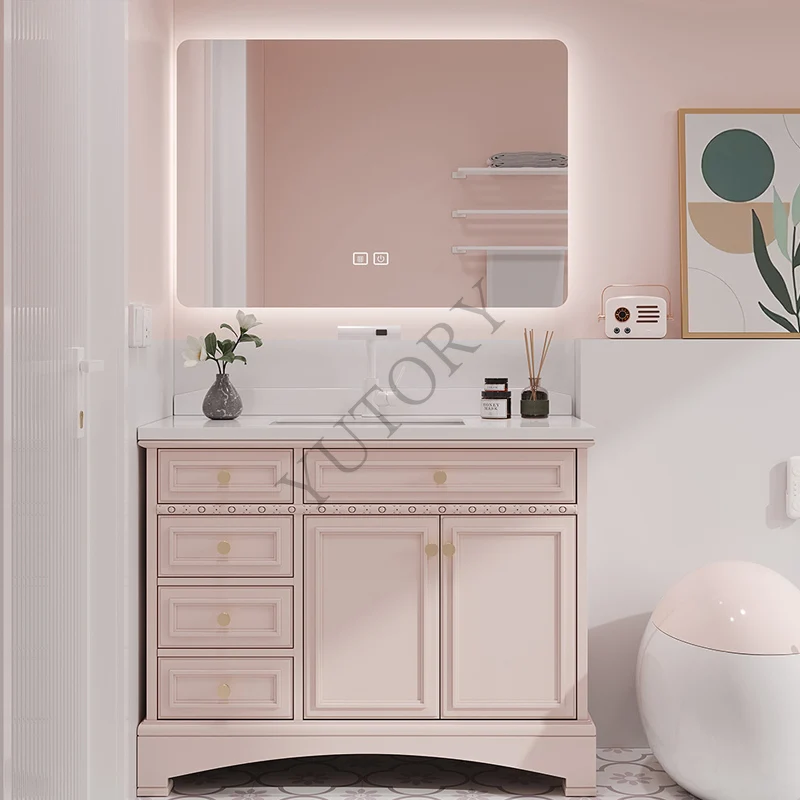 Solid wood paint dark green bathroom cabinet rock slab ceramic integrated basin floor-to-ceiling washstand