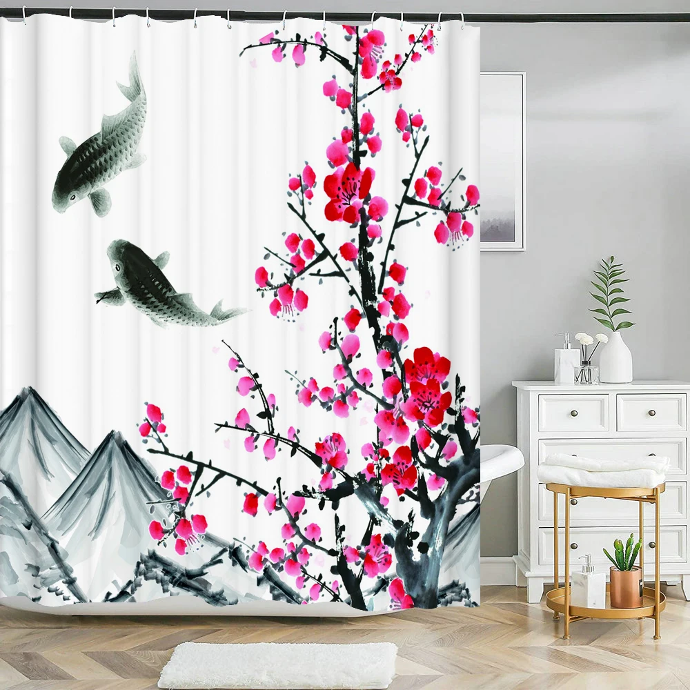 

Bathroom Waterproof Shower Curtain Ink Painting Flowers Plum Blossom Printing Polyester Home Decoration Curtain With Hooks