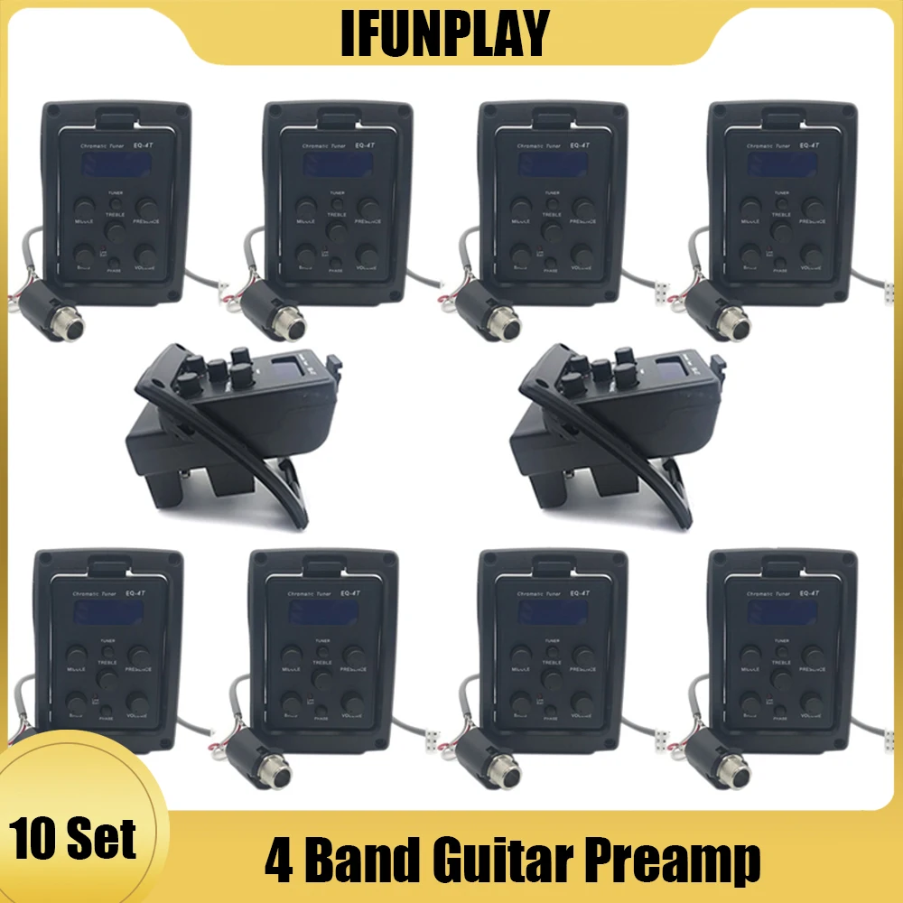 10pcs 4 Band EQ-4T Acoustic Guitar EQ Preamp Piezo Pickup with LCD Tuner Volume Tuner Control Elecrict Guitarra Preamplifier