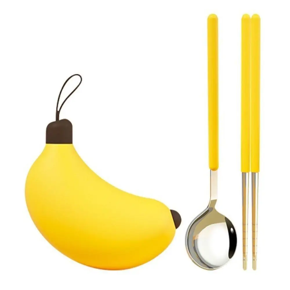 Portable Cartoon Banana Cutlery Set Mini Cute Spoon Chopsticks Set Snap Silent 304 Stainless Steel Travel Flatware Outdoor